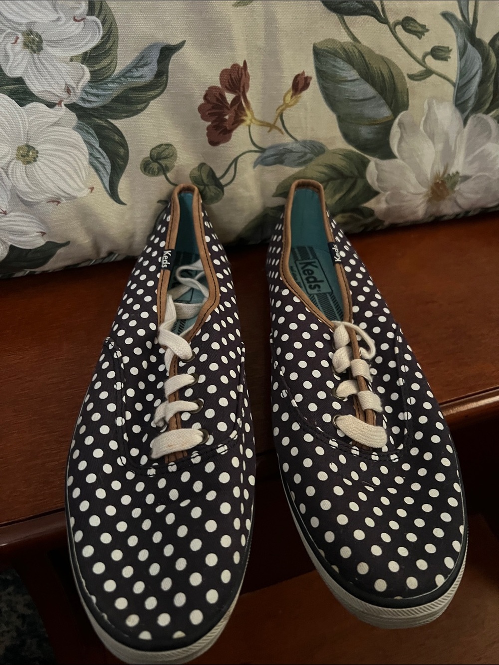 Keds Navy and White Polka Dot Lace-Up Sneakers with Tan Trim